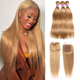 #27 Straight Human Hair With Closure Virgin Hair 3 Bundles With 4x4 Closure